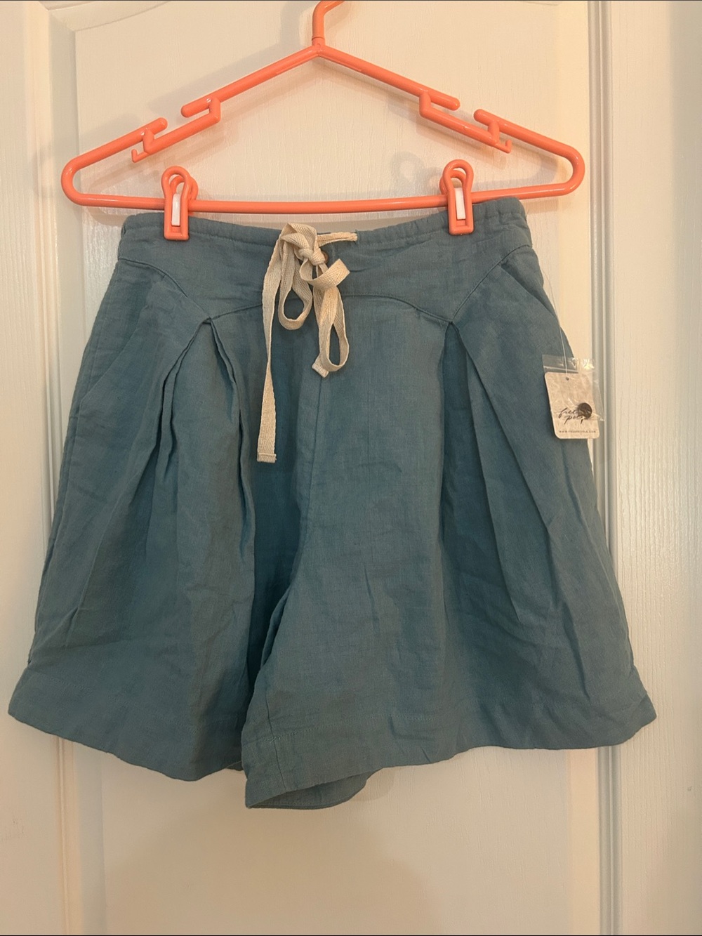 Free People Teal Drawstring Linen Shorts